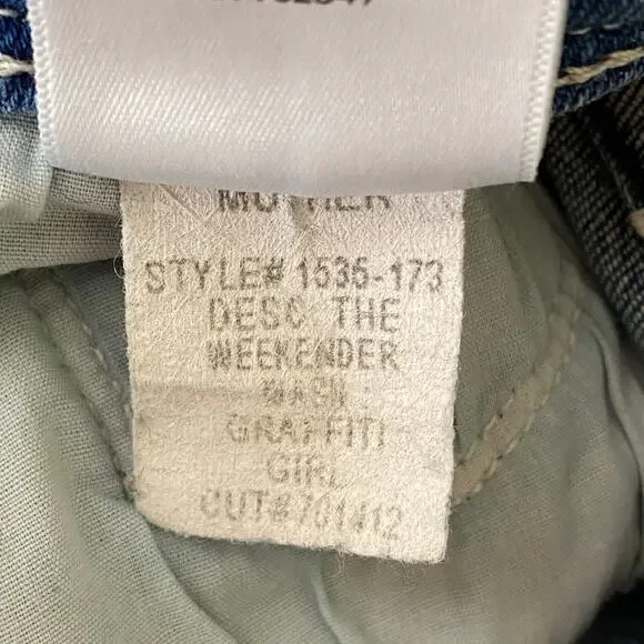 🛑SOLD🛑 Mother The Weekender Fray Jeans Size 25 Graffiti Girl Blue Mid Rise Flare - Picture 12 of 14
